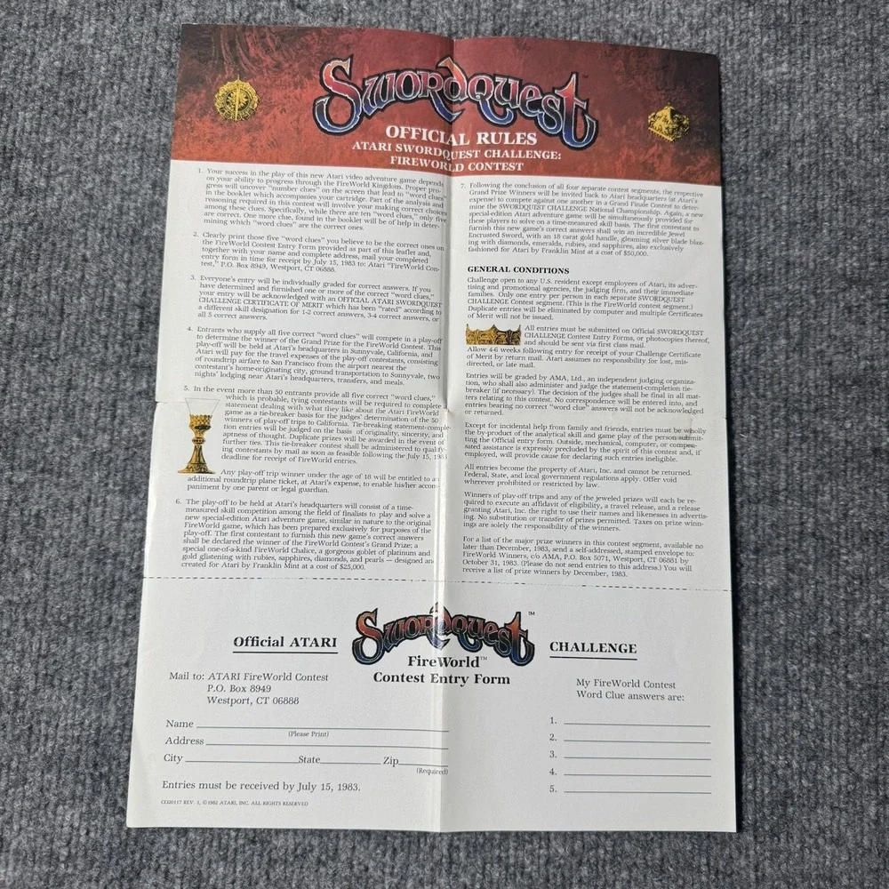 Atari 2600: Swordquest Fire World Manual, Poster & Comic ONLY DC Comics Good Con